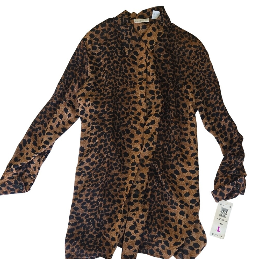Liz‎ Claiborne Animal Attraction Leopard Print Button Down Shirt Brown Black L